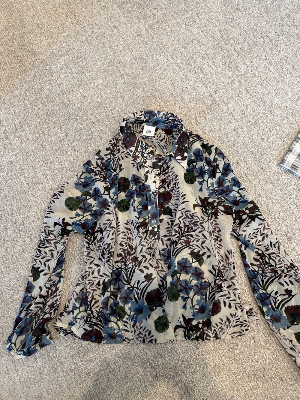 CAbi Floral Button-Down Shirt in Cream, Blue & Green